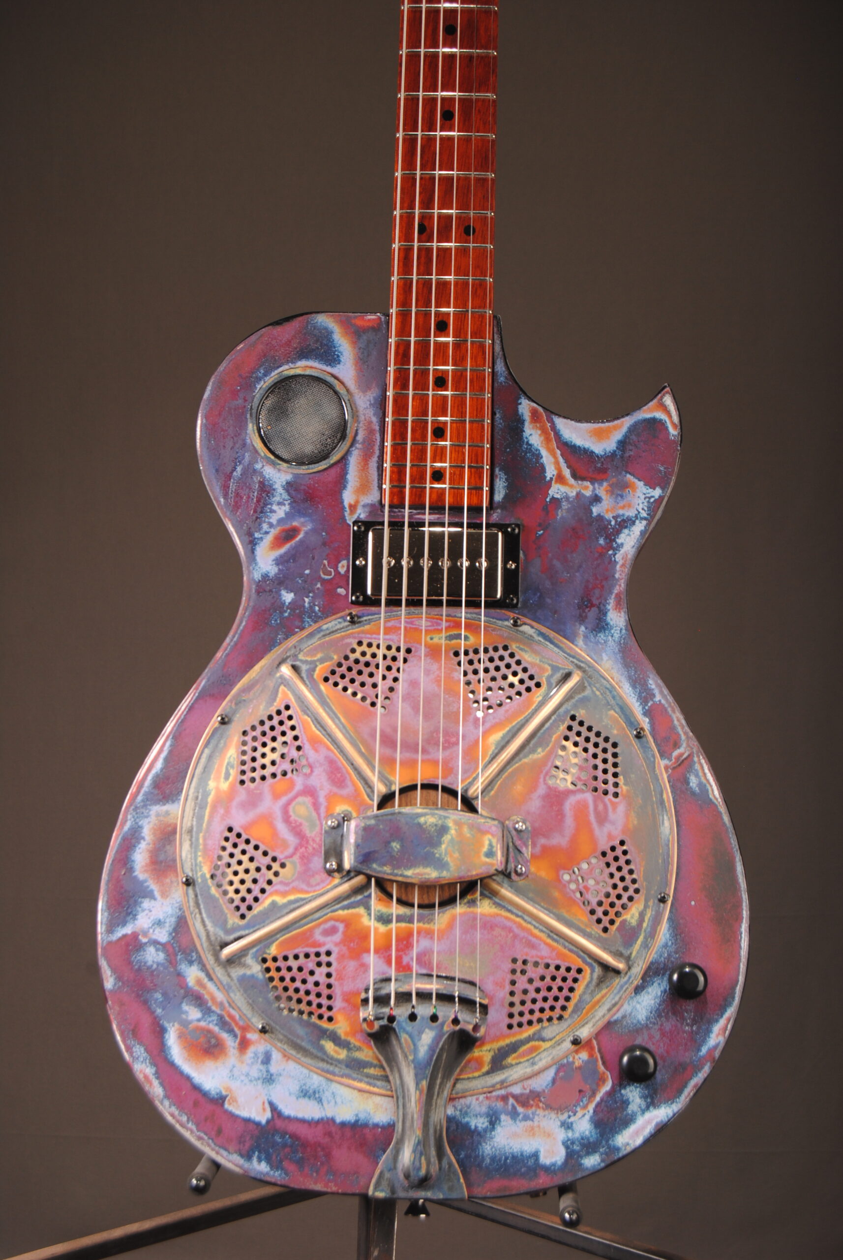 Mercury Lab Guitars Rezentine distressed plum finish close up